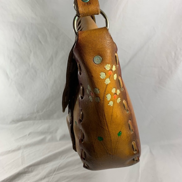 Vintage tan brown leather hand tooled semi structured shoulder bag with flowers - Picture 5 of 15